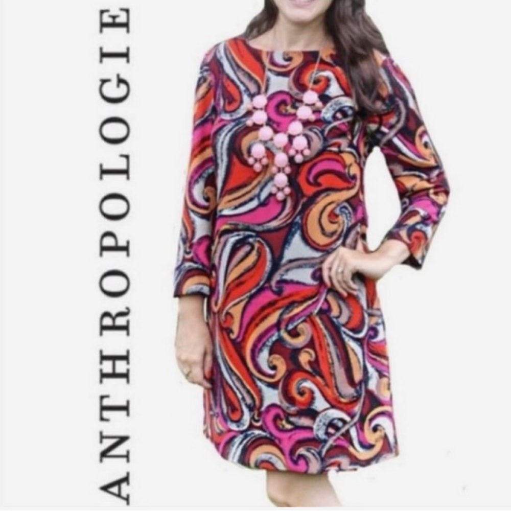 Maeve cheerful retro Anthropologie Flavia Swirl Print Shift Dress size small